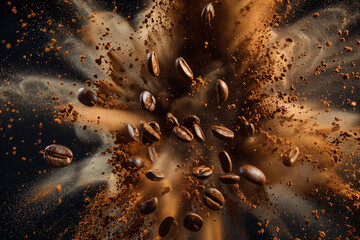 A dynamic explosion of coffee beans.