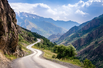 Naklejka premium Serpentine Mountain Road with Sharp Hairpin Turns and Stunning Valley Views, Set Against a Pristine White Background