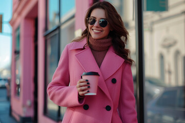 A smiling woman in sunglasses and a pink coat holding a coffee cup walking down the street.