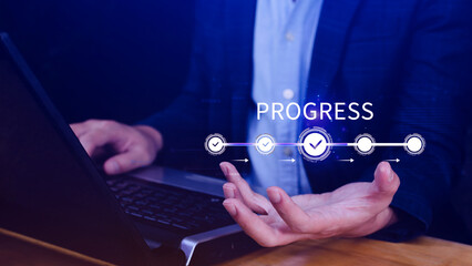 Progress concept, touching to tick correct mark in checklist with progressive loading status remind...
