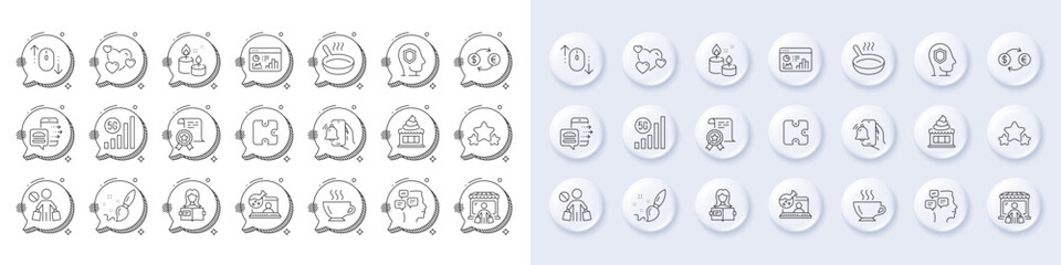 Aroma candle, Paint brush and Food order line icons. White pin 3d buttons, chat bubbles icons. Pack of Online chemistry, Certificate, Messages icon. Stars, 5g wifi, Puzzle pictogram. Vector