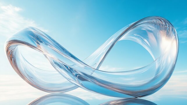 Escapism aesthetic background. 3d rendering, abstract surreal background with geometric infinity shape, minimalist zen scenery, panoramic seascape wallpaper. Calm water, chrome glass moebius.