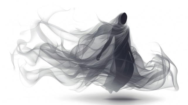 Realistic Halloween ghost shadow PNG. Transparent isolated phantom. Flying spooky dead soul. Black smoke transparent horror monster.