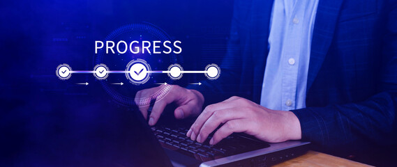 Progress concept, touching to tick correct mark in checklist with progressive loading status remind...
