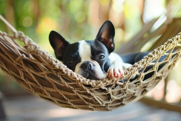 Sweet Boston Terrier puppy resting on a hammock
