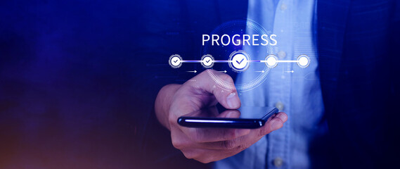 Progress concept, touching to tick correct mark in checklist with progressive loading status remind work task progressive for project develop management and tracking concept.