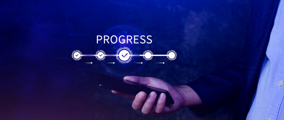 Progress concept, touching to tick correct mark in checklist with progressive loading status remind...