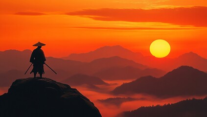 Fototapeta premium Silhouette of a Samurai Warrior at Sunset