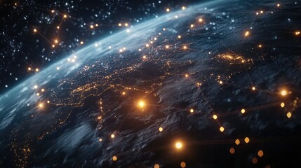 Fototapeta premium Digital satellite network around Earth, glowing connections, room for copy