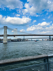 View of the Brooklyn Bridge and Manhattan Bridge side by side over the East River. New York City Manhattan Seaport angle 