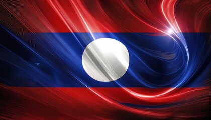 Abstract wavy flag of Laos with red, blue, and white colors.  The flag is displayed in a modern, artistic style.