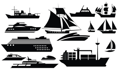 Boats and Ships. Barge, cruise ship, shipping and fishing boat signs. Black silhouette of marine vehicles illustrations. 
