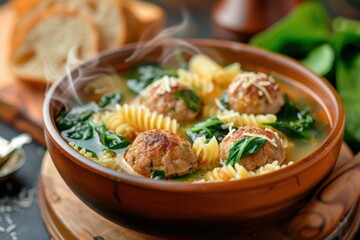 A steaming bowl of Italian wedding soup with meatballs, spinach, and pasta, served with a side of garlic bread. Copy space for text
