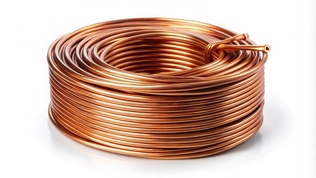 A copper grounding wire coil is isolated on a white background, its twisted metal strands curled neatly, awaiting connection to a electrical system component.