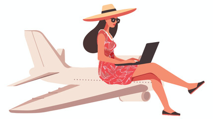 Elegant Woman Sitting on Airplane Wing with Dress and Hat
