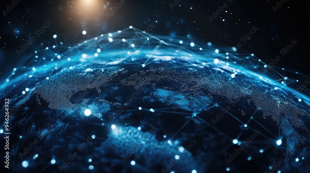 Fototapete digital world with interconnected nodes, abstract global network ample space for text