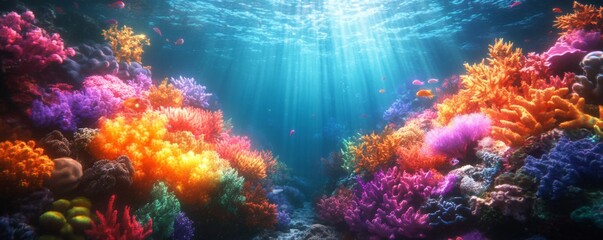 Obraz premium Vibrant underwater scene featuring colorful coral reefs illuminated by sunlight, showcasing the beauty of marine life.