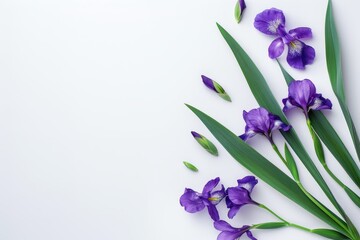Violet irises on white background with space for text Perfect for holiday greetings