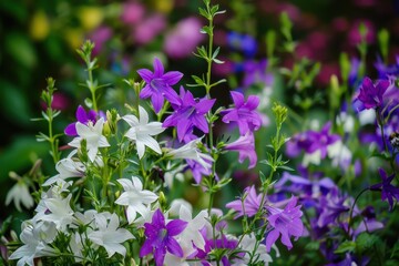 Fototapeta premium Vibrant white and purple Lobelia erinus flowers in a garden Wide shot with shallow focus