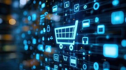 Fototapeta premium E-commerce icons on a digital touch screen, no people, clear space for copy