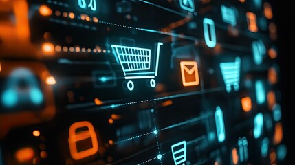 Obraz premium E-commerce symbols on a virtual touch screen, abstract design, space for text