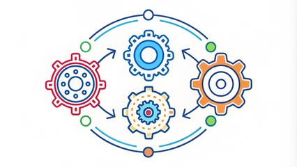 A customizable icon featuring interconnected gears surrounded by a circular process diagram, outlined with a bold editable stroke, representing innovation and efficiency.