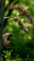 Obraz premium Three hawks soaring through a vibrant green forest during a sunny afternoon, showcasing their impressive wingspan and agility in flight