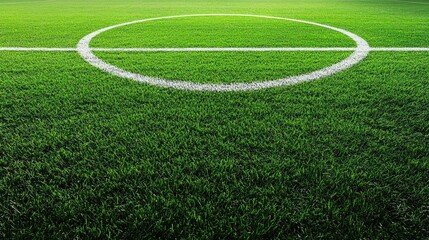 Obraz premium Empty football field with crisp white lines, vibrant green grass, ample space for text