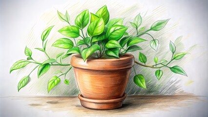 A delicate pencil sketch of a lush green plant with leaves and stems wraps around a terra cotta pot, blending art and nature harmoniously.