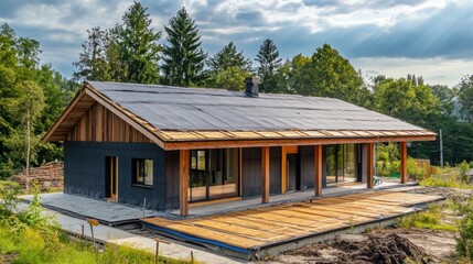 Fototapeta premium Modern Wooden House Under Construction in the Forest