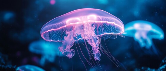 Obraz premium A mesmerizing jellyfish illuminated by vibrant colors, gracefully floating in the depths of the ocean, showcasing its ethereal beauty.