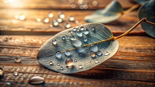 A delicate silver eucalyptus leaf rests on a rustic wooden table, surrounded by soft morning light and scattered water droplets, evoking a sense of serene simplicity.