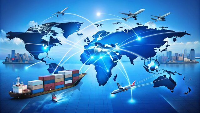 A digital world map with animated cargo ships, airplanes, and trucks, illustrating international trade routes and global export logistics, on a bright blue background.