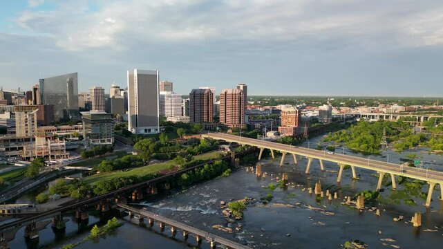Richmond Virginia over the James River, RVA Drone Aerial Skyline Downtown Bridges