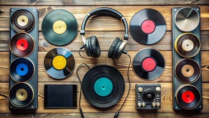 A diverse array of vinyl records, CDs, headphones, and smartphones showcasing the evolution of music consumption across various digital and physical platforms.