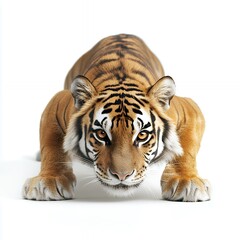 Obraz premium A realistic depiction of a tiger in a crouching position against a white background.