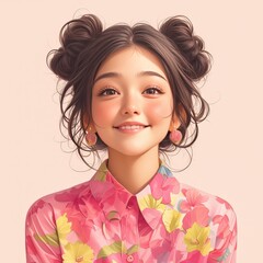 Fototapeta premium A cheerful young woman with floral attire and playful hairstyle, radiating joy.