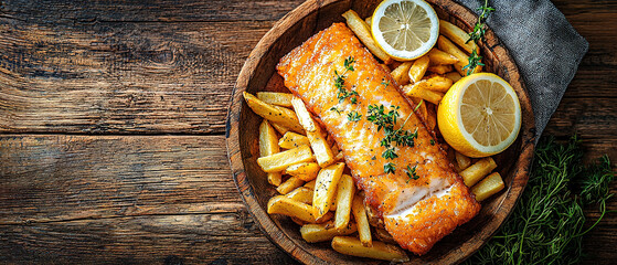 Fototapeta premium Wooden plate with British traditional fish and potato chips, top view 
