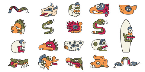 A set of tribal symbols. American style. Aztec animals style Mexican designs