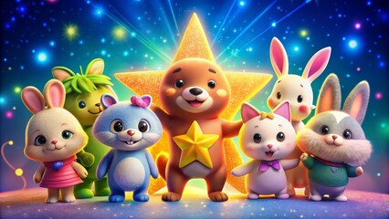 Obraz premium Adorable cartoon animals, including a smiling cat, happy rabbit, and curious bear, rendered in colorful 3D graphics, gathered around a bright sparkly star.