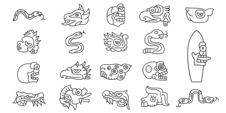 A set of tribal symbols. American style. Aztec animals style Mexican designs