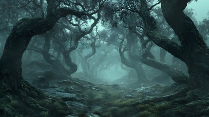 1. A dark, eerie forest with twisted trees and fog rolling in