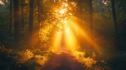 Fototapeta premium A serene forest scene with golden sunlight streaming through the trees, creating a tranquil atmosphere of nature's beauty.