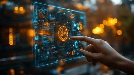A hand activates a holographic interface, presenting vibrant data visualizations in a futuristic, illuminated setting.