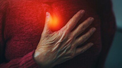 Elderly hand clutching chest in pain, red glow symbolizing heart attack or cardiac distress. Dramatic lighting highlights urgency of medical emergency.