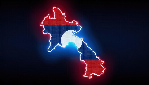 Neon glowing map of Laos with the country's flag colors.