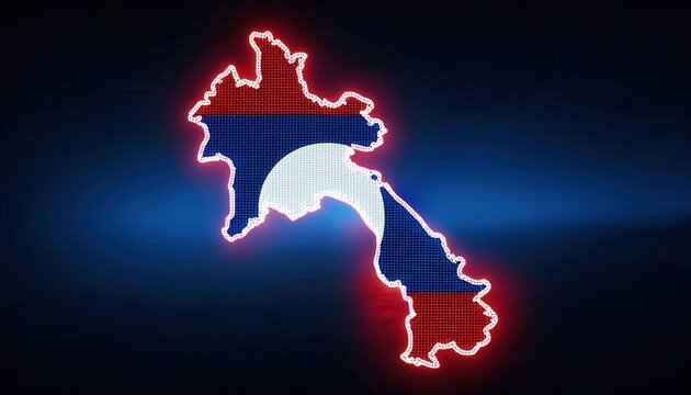 Neon outline of Laos map with the country's flag colors. The map glows brightly against a dark blue background.