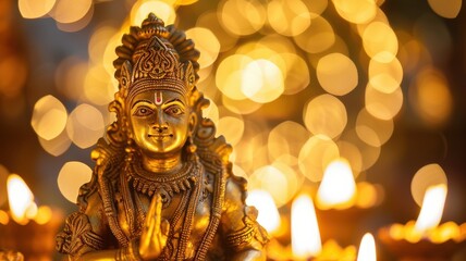 Golden Hindu Deity Statue with Glowing Diyas and Bokeh Lights.