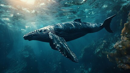 Naklejka premium A majestic humpback whale swimming gracefully in clear ocean waters.