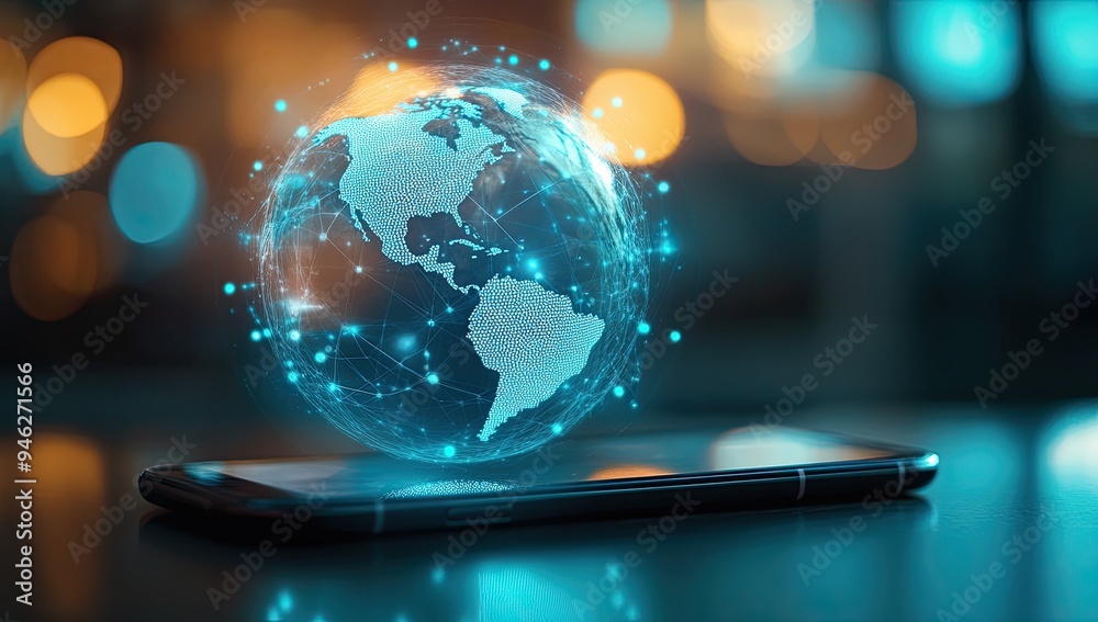 Poster a smartphone with an interactive holographic globe floating above it, representing global connectivi